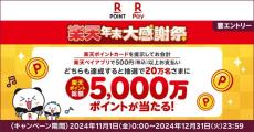 【楽天年末大感謝祭】「楽天ポイントカード」を提示し「楽天ペイ」で支払うと総額5000万ポイントが当たるキャンペーン