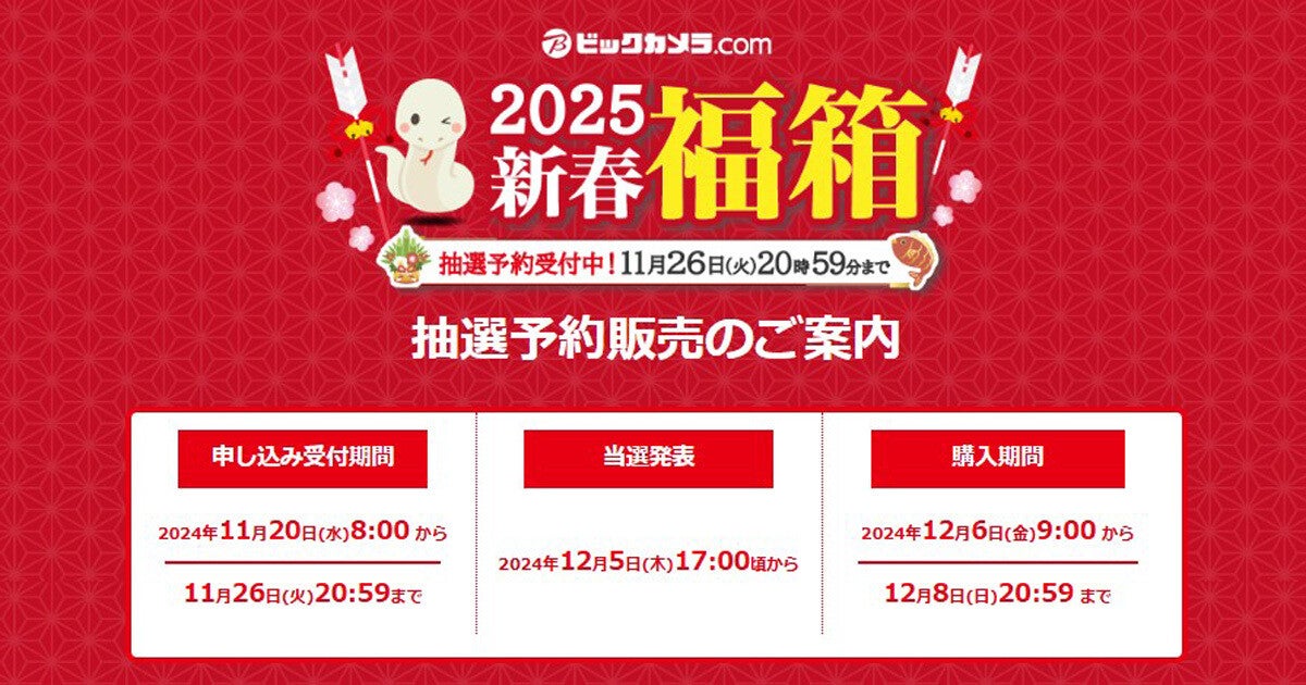 ビックカメラ「2025 新春福箱」、抽選予約開始！ 今年も多彩な福箱が登場