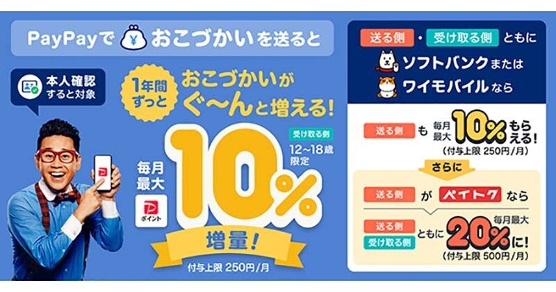 子どもにお小遣いを送ると自動で最大20％増し、PayPayがキャンペーン開始