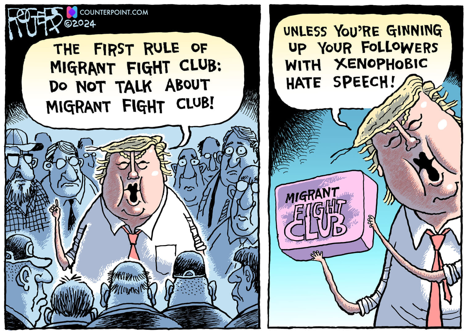 トランプ提唱のお下劣「移民ファイトクラブ」に矛盾あり【風刺画で読むアメリカ】