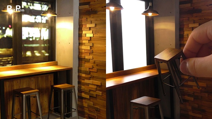 明かりが灯る「カフェのミニチュア」を作ってみた。木目を描き込む作り込みで、限りなくリアルに完成！