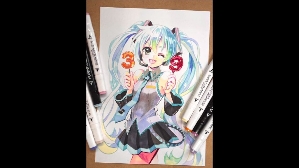 ダイソーのアルコールマーカーだけで「初音ミク」を着彩してみた！ 透明感あふれる水彩画のような色づかいが見事