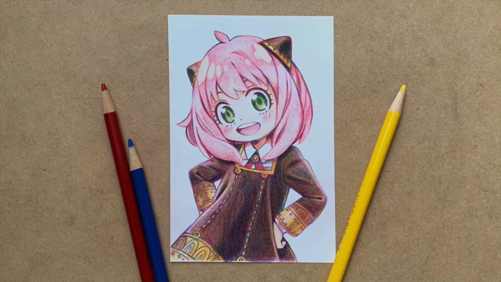 赤・青・黄色の色鉛筆だけでアーニャを描いてみた！ 塗り重ねる