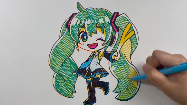 初音ミクを「カラーペン3色」で描いてみた！ 黄赤青を1回ずつ使って完成した“一発描き”が可愛すぎる