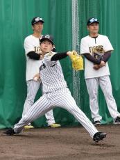 【阪神】下村海翔が藤川監督の前でブルペン入り　32球投げ指揮官とグータッチ　ファンも拍手