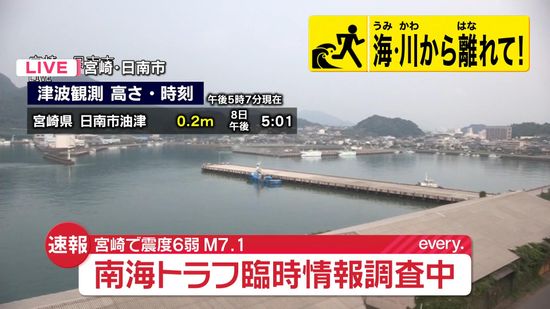 宮崎・日南市油津で0.2メートルの津波観測