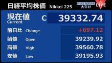 日経平均697円高　終値3万9332円