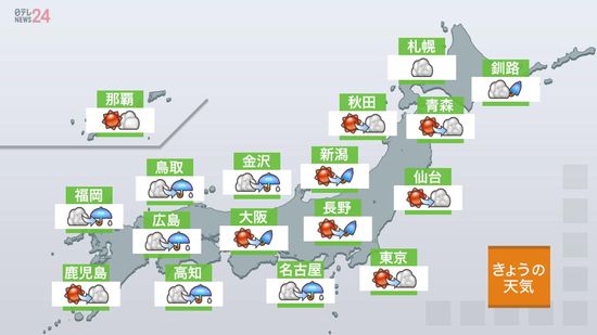 【天気】九州は夕方から近畿・東海、北陸も夜には雨　関東甲信・東北、北海道も夜は雨の所も