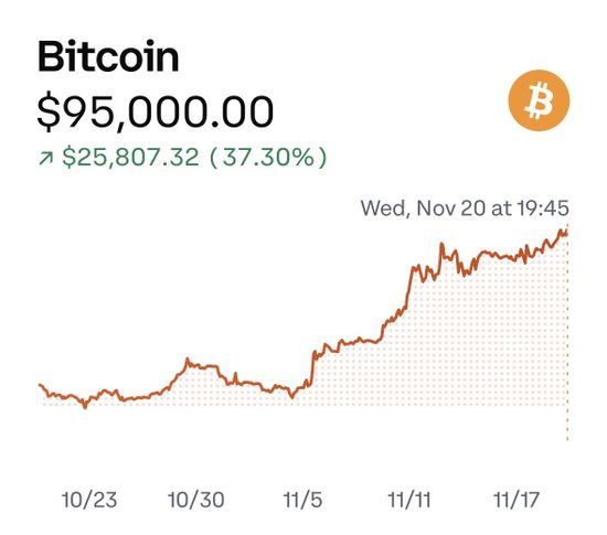 ビットコイン　9万5000ドル到達　価格上昇続く