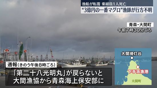 漁船が転覆、乗組員1人死亡　“3億円の一番マグロ”漁師が行方不明　青森・大間町沖