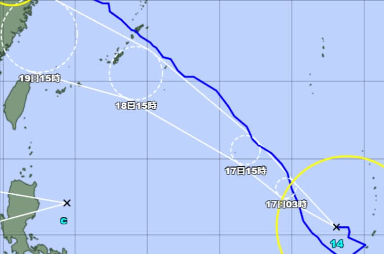 大型の台風14号、発達しながら18～19日沖縄・奄美に接近の恐れ【16日午後3時現在】