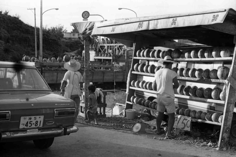 ［ぶらり　おきなわ'70s］道路脇に陳列されたスイカ　撮影場所は不明