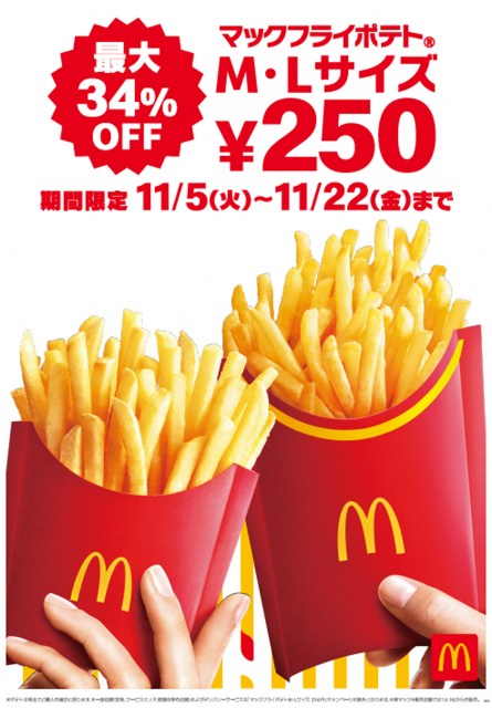 マクドナルド“長ーーーくおトクが続く”18日間　「マックフライポテトM・Lサイズ」特別価格250円で提供