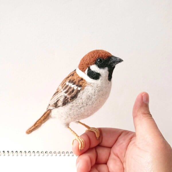 羊毛フェルト＊手のひらサイズのまったり鳥さん❤︎すずめ 今にも飛び立ちそう？指にとまった羊毛フェルトのすずめ｜Infoseekニュース