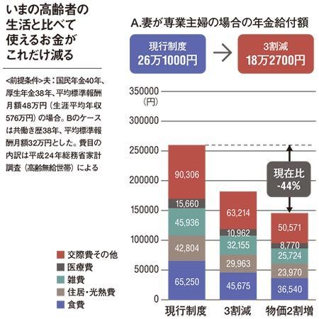 年金3割減　－物価は2割増で、老後に使えるお金が半分に