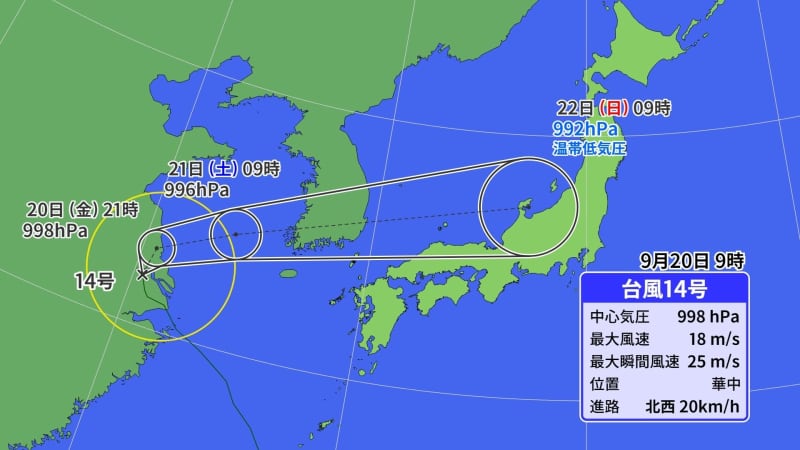 ショッキングな予報円！　台風１４号、Ｕターンして日本へ　３連休は大雨に警戒