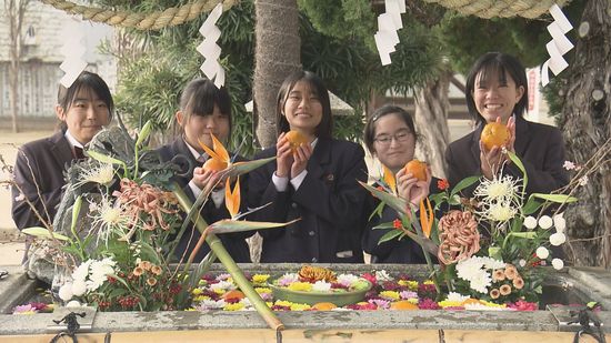 「いい予感」「桜咲く」高校生が手掛けた“花手水” 三津厳島神社で新春彩る