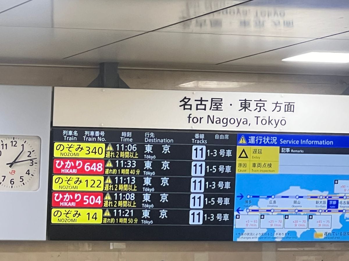 東海道新幹線の車両運転台に異常表示、24万人に影響　259本で最大2時間以上の遅れも