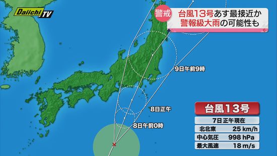 【台風１３号】あす8日　県内に最も接近する可能性　警報級の大雨や土砂災害に警戒（静岡県）