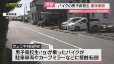 【早朝】駐車中の車両などに接触転倒しバイクの男子高校生重体…新聞配達中の事故か（浜松市浜名区）