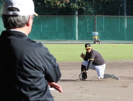 阪神・佐藤輝　杉山オーナーら球団幹部を前に特守敢行「考え方とかイメージとか変えながらやっている」