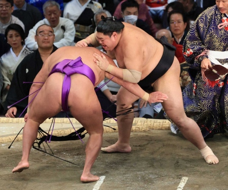 阿炎が尊富士をはたき込みで2桁勝利 「しっかり落ちるの見えた」