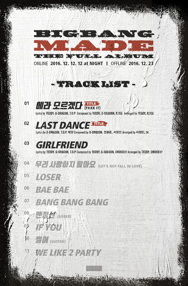 BIGBANG、「MADE」フルアルバムのトラックリストを公開！3つの新曲に高まる期待！