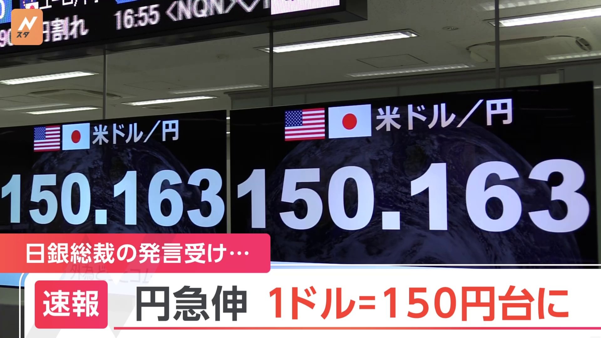 【速報】1ドル＝150円台まで円高進行　日銀・植田総裁発言で