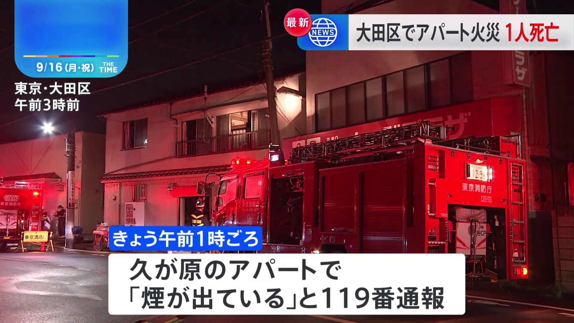 東京・大田区のアパートで火事　男性が死亡　火元の部屋で一人暮らしの80代男性と連絡取れず　別の男性もけが