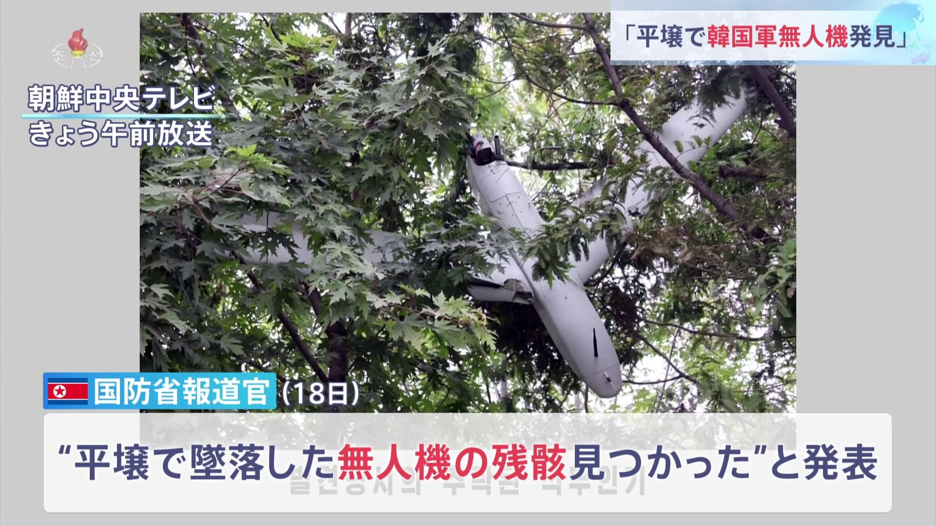 北朝鮮国防省報道官「平壌で墜落した無人機発見、韓国軍配備の機種」「平壌でのビラ散布に利用された可能性が高い」