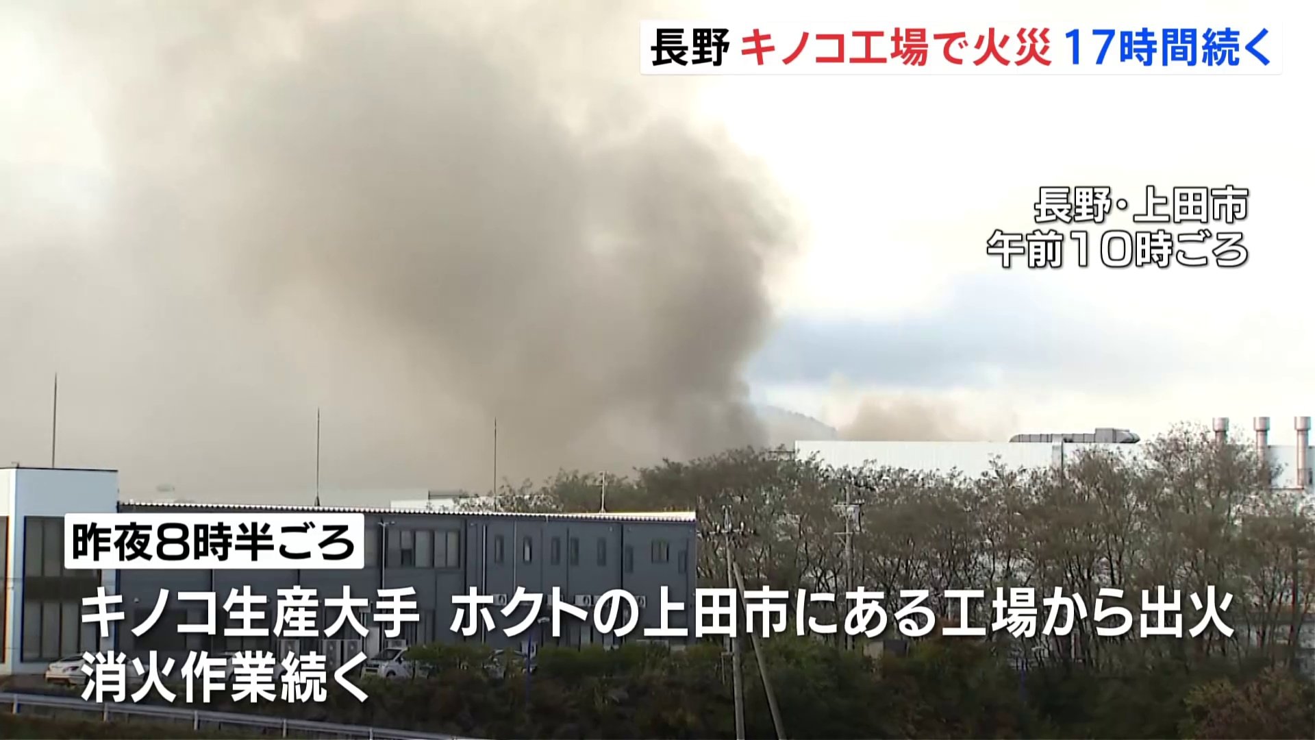 キノコ生産大手「ホクト」工場で火災、17時間続く　長野・上田市