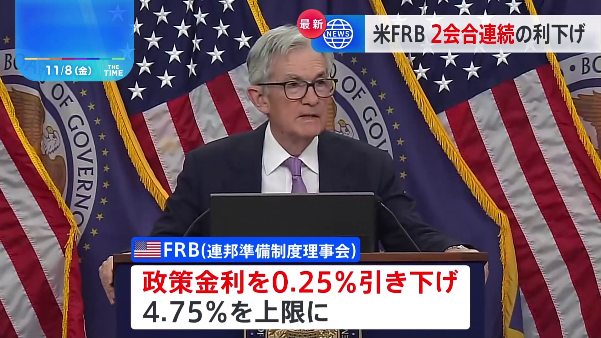 米FRB　0.25％利下げ　物価の上昇落ち着き、2会合連続の利下げに