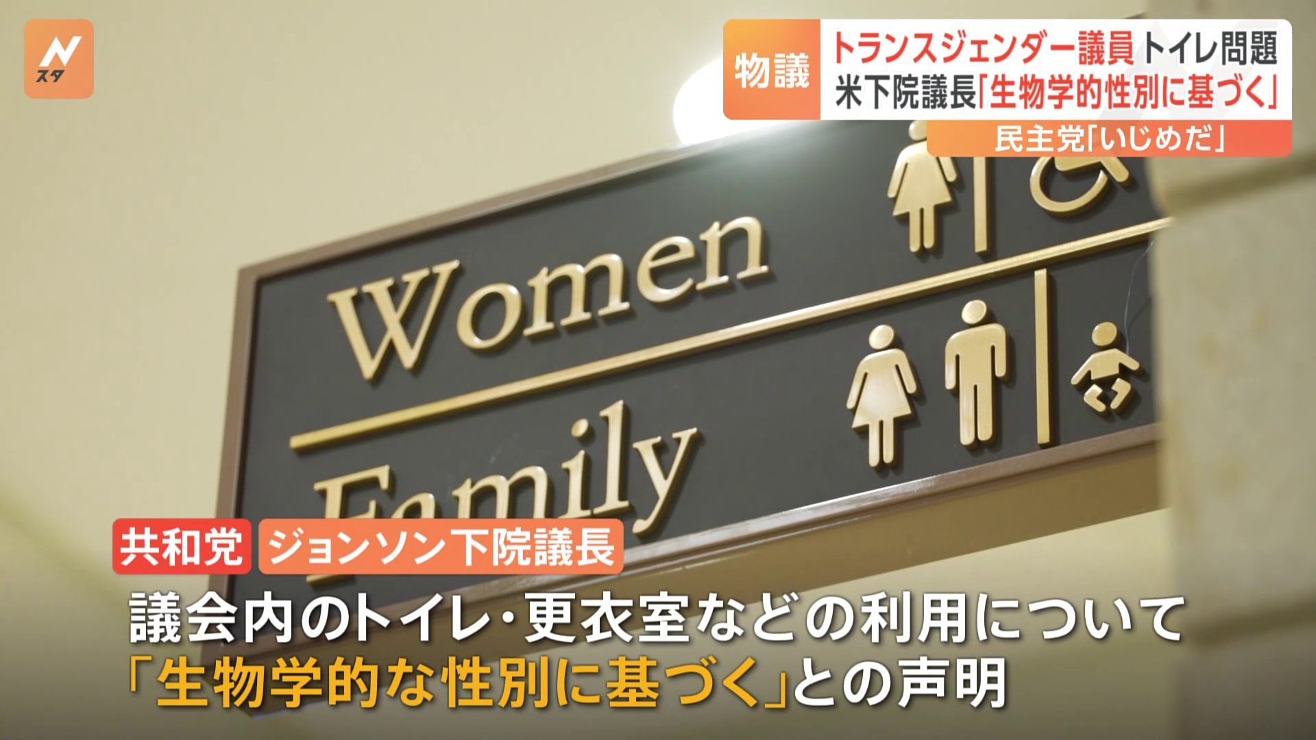 トランスジェンダーの議員　女性トイレの使用を認めない方針　米下院議長が声明発表