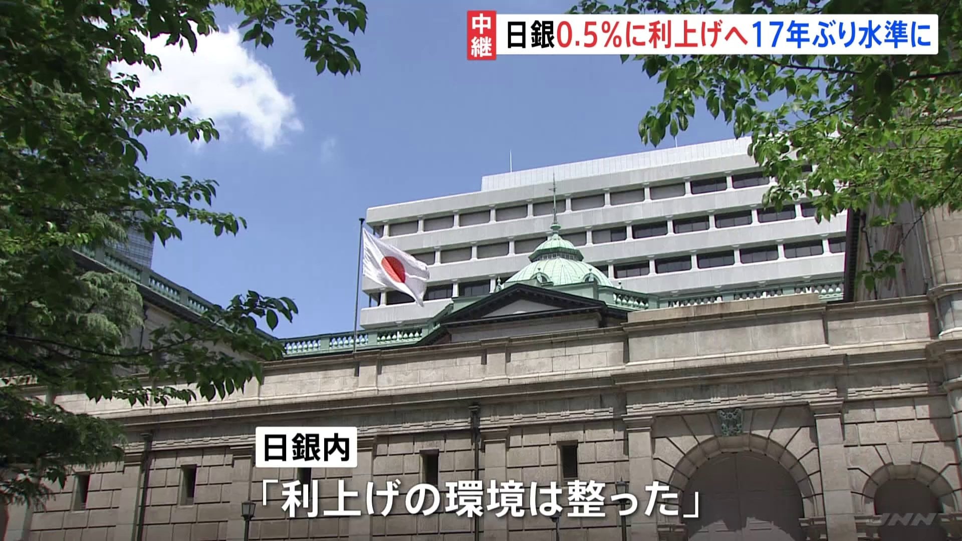 政策金利が17年ぶりに0.5％に引き上げられる見通し　日本銀行が追加の利上げを決め、結果を公表することが確実視