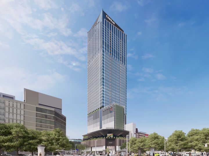 高層階には高級ホテル“コンラッド”…名古屋・栄中心部に建設中の複合施設「ザ・ランドマーク名古屋栄」の名称に