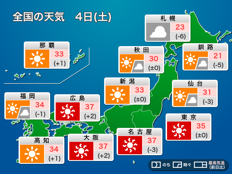 
土曜日も猛暑継続 熱中症に警戒　北日本は傘の出番
        