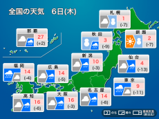 
今日6日(木)の天気　全国的に冷たい雨や雪　東京は10℃に届かない予想
        
