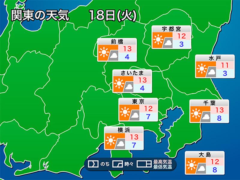 
【関東】明日18日(火)の東京は冷たく乾いた北風に　関東冬晴れの一日
        