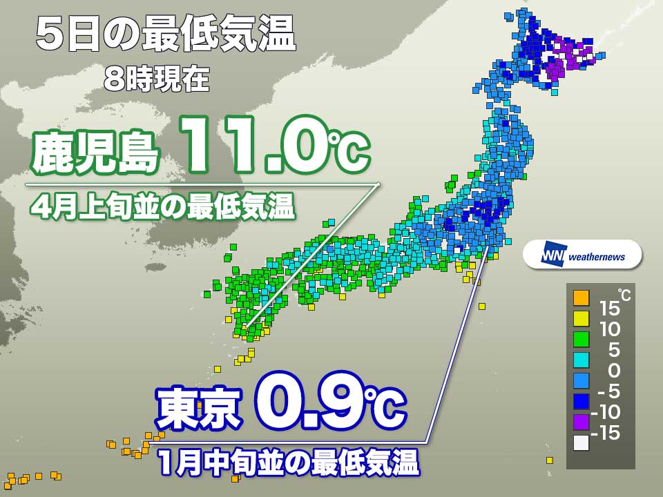 
西日本は冷え込み緩む　4月並みの最低気温の所も
        