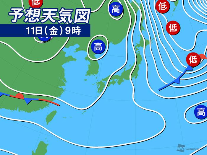 
11日(金)の天気　関東以西は日差しの暖かさアリ　北海道は強い雪に
        