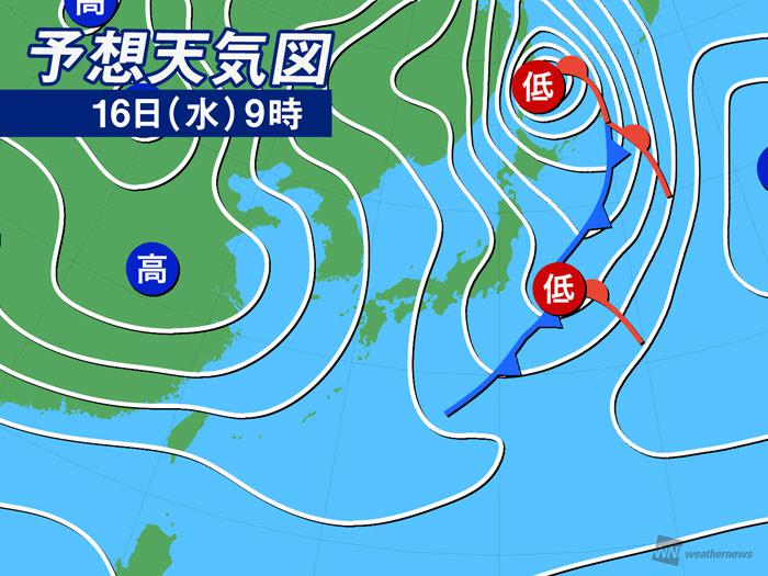 
16日(水)の天気　東京など太平洋側は冬晴れ　日本海側は雪や雨に
        