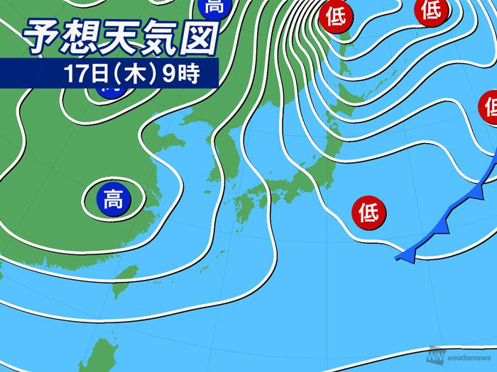 
17日(木)の天気　北海道は極寒・吹雪　東京など太平洋側は冬晴れ
        