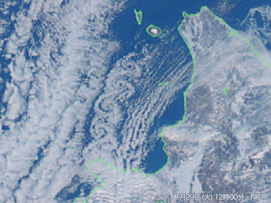 
利尻島の風下に「カルマン渦」が出現　北海道
        