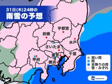 
31日(木)夜は東京都心も雨から雪に　大きな影響はない見込み
        