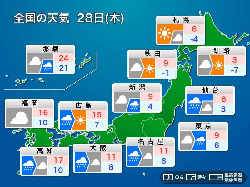 
2月28日(木)の天気　西・東で朝から雨、東京は早朝＆夕方のピーク2回
        