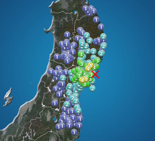 
宮城県・岩手県で震度4の地震　津波の心配なし
        