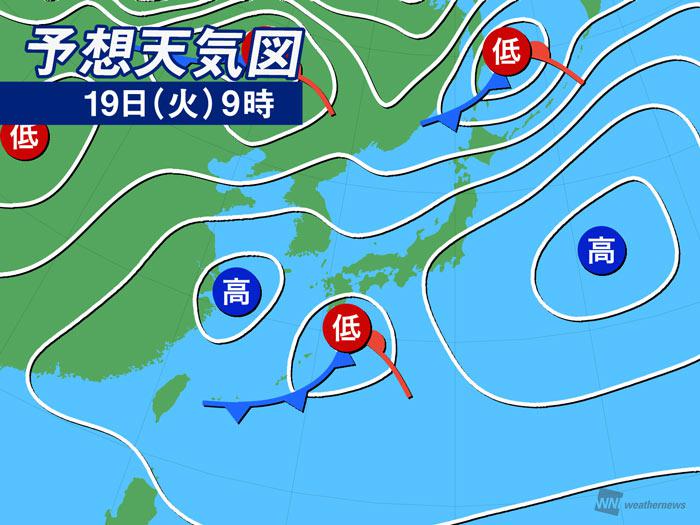 
3月19日(火)の天気　東京などポカポカ陽気、西日本は傘の出番
        