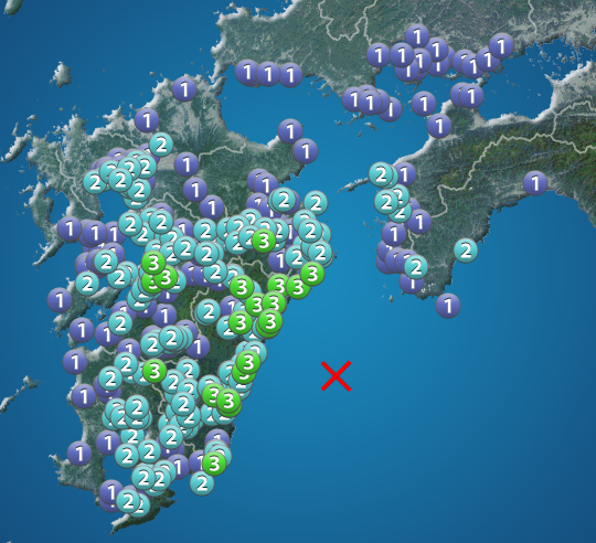 
宮崎県・熊本県・大分県で震度3を観測する地震　津波の心配なし
        
