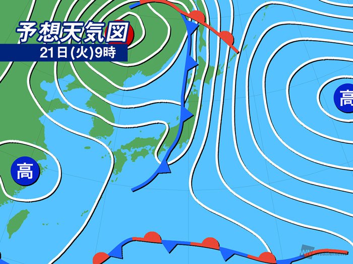 
5月21日(火)の天気　関東以北で雨風強まる　西日本は天気急速に回復
        