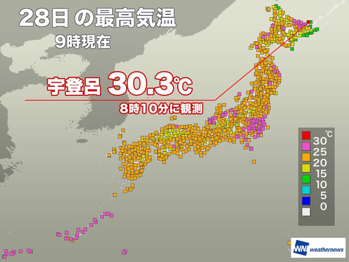 
北海道・宇登呂で8時過ぎに30℃突破　真夏日に
        